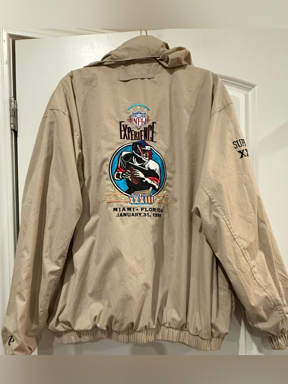 Vintage 1999 Logo Athletic NFL Super Bowl XXXIII Experience Jacket Tan Mens XL